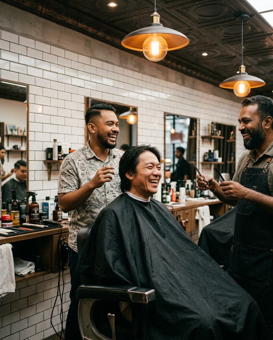 Diverse customers at barber shop
